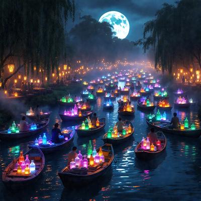 The primary subject of the image is a group of people in boats, with a total of 14 boats visible. The boats are filled with people, and they are all lit up with colorful lights, creating a vibrant and lively atmosphere. The setting is a river, and the visual style appears to be a combination of a photo and digital art, as the boats and people are depicted in a realistic manner while the colorful lights add a surreal touch to the scene. The colors and mood of the image are